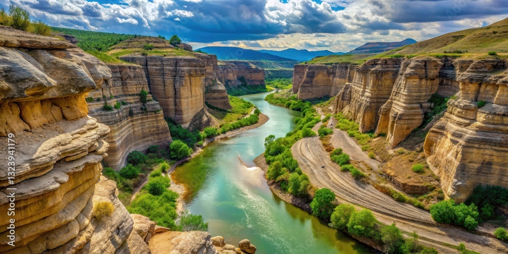 Fototapeta premium Canyon Rock Formation Scenic View, winding creek, Italian countryside