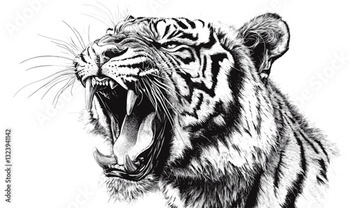 Roaring tiger head in black and white, detailed linear icons set, vector.