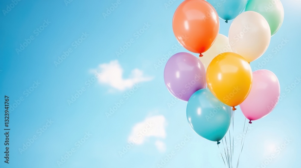 Colorful Balloons Against A Bright Blue Sky Background. Colorful Balloons Against A Bright Blue Sky Background.