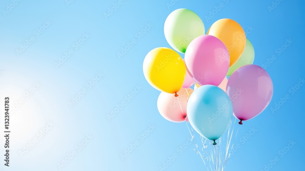 Cluster Of Bright Balloons Soars Into A Sunny Sky Cluster Of Bright Balloons Soars Into A Sunny Sky