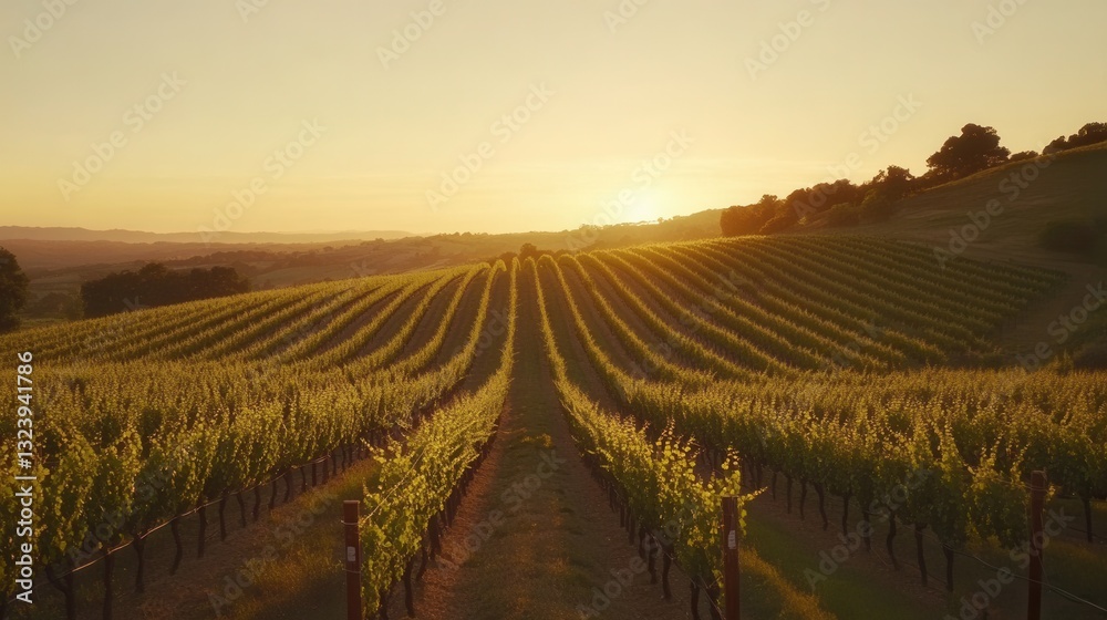 Fototapeta premium Vineyard lush and vibrant at sunset with rows of vines stretching towards the horizon