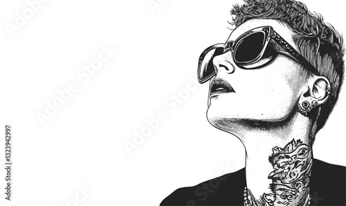 Stylish woman with tattoos wearing sunglasses - black and white vector, linear icons set.