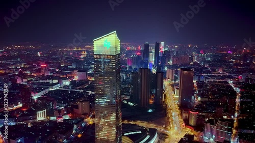 Night aerial View of Henglong and People's Square in Shenyang City, Liaoning Province, China