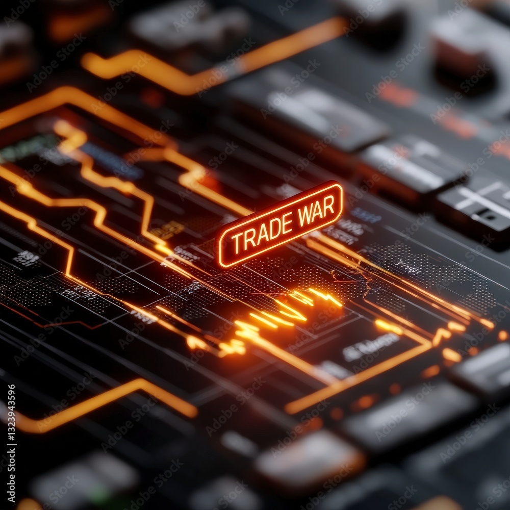 Abstract digital representation of trade war concept with stock market graphs and economic symbols, emphasizing competition and tension Abstract digital representation of trade war concept with stock market graphs and economic symbols, emphasizing competition and tension