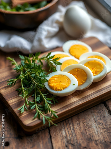 Sliced boiled eggs on wooden board with fresh green herbs in rustic setting