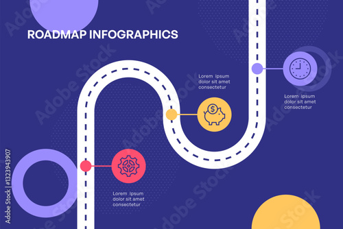 Curved Roadmap Infographic with Milestones and Dark Background