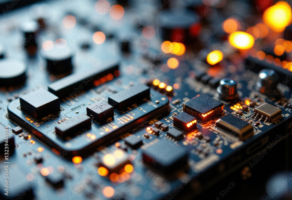 Close-up of a circuit board with glowing components and intricate details Close-up of a circuit board with glowing components and intricate details