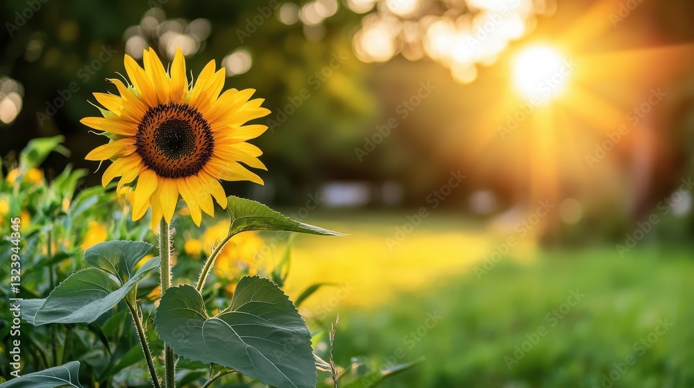 Obraz premium Single Bright Sunflower in a Field with Warm Sunlight Background