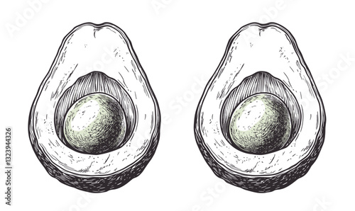 Avocado halves stylized illustration vector, hand-drawn linear icons set.