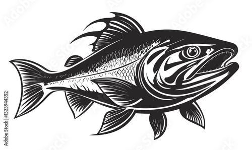 Detailed fish drawing in black and white, flat icons set, vector.