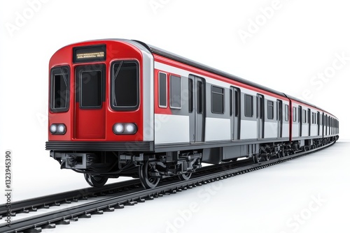 A sleek red and silver train gliding along the tracks in a bustling urban landscape at twilight isolated on transparent background