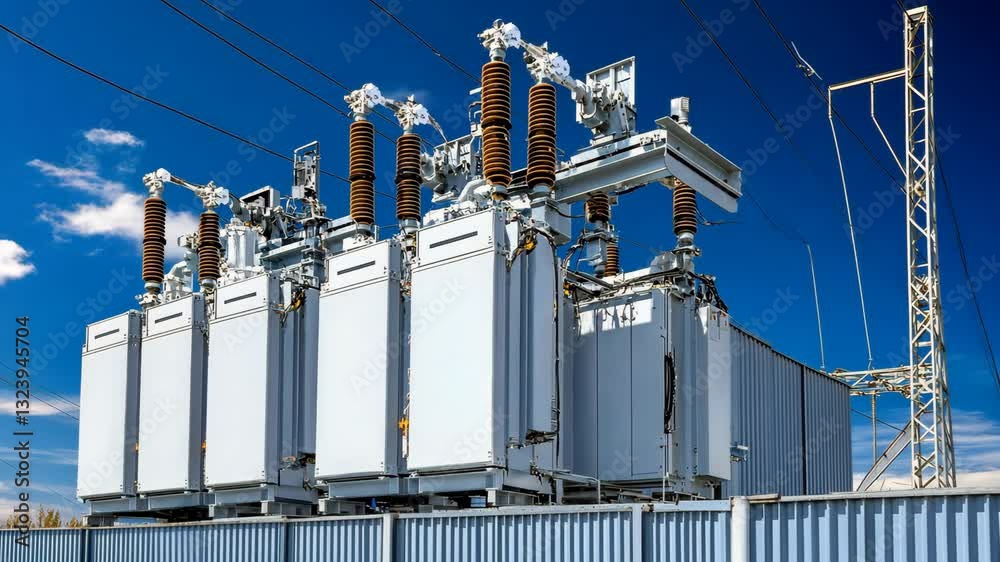 High voltage electrical substation with transformers against a clear blue sky