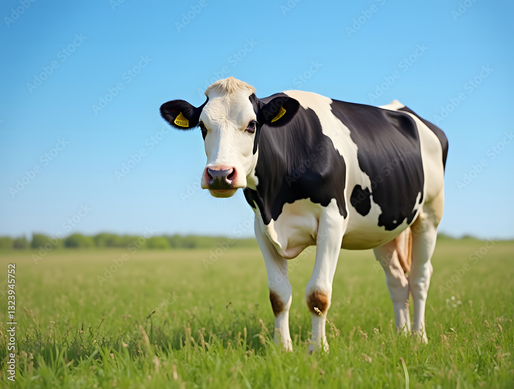 A Holstein Cow with a Full Udder Chews Cud in a Summer Pasture, Profile View, Clear Blue Sky and Expansive Copy Space A Holstein Cow with a Full Udder Chews Cud in a Summer Pasture, Profile View, Clear Blue Sky and Expansive Copy Space