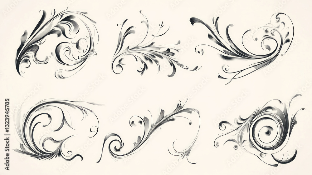 Elegant calligraphy design set featuring intricate swirls and flourishes for artistic projects