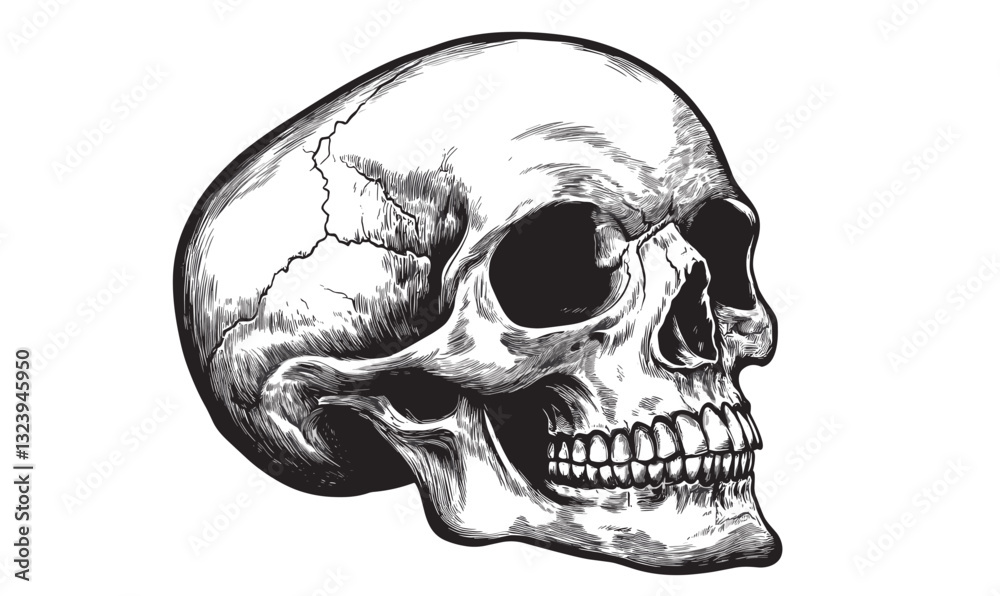 Fototapeta premium Detailed human skull side view in flat linear icons set, vector.