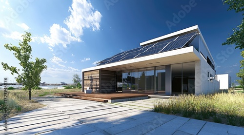Modern sustainable home with solar panels, featuring a spacious deck and contemporary design