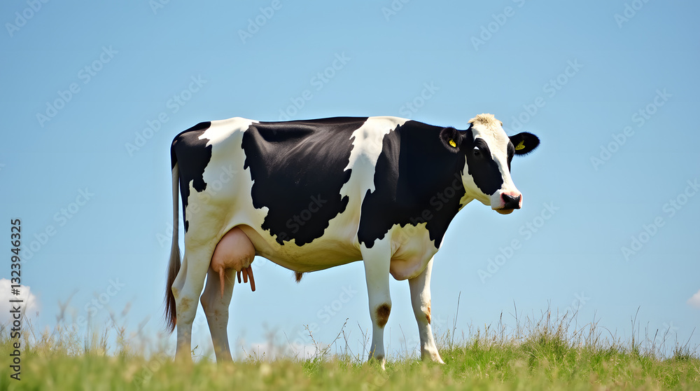 A Holstein Cow with a Full Udder Chews Cud in a Summer Pasture, Profile View, Clear Blue Sky and Expansive Copy Space A Holstein Cow with a Full Udder Chews Cud in a Summer Pasture, Profile View, Clear Blue Sky and Expansive Copy Space
