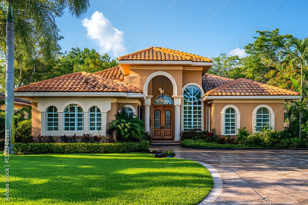 Obraz premium a large house with a tiled roof and a well-manicured lawn.
