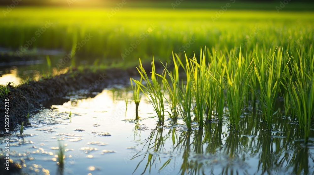 Obraz premium Lush Green Rice Fields at Sunrise Reflecting in Water Surface