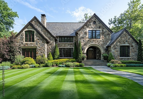 Luxurious stone home with manicured lawn.  Exterior of a large, stately home with a stone facade, landscaped gardens, and meticulously maintained lawn