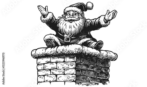 Santa stuck in chimney with open arms - black and white linear icons set, vector.
