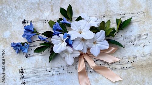 White jasmine and blue flowers with satin ribbon on sheet music background