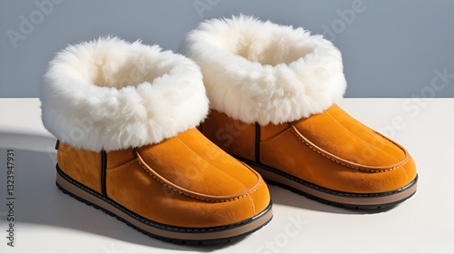 Standalone fluffy footwear, looking toasty and inviting, perfect for cold weather, [Standalone, Footwear, Toasty], [concept: plush winter comfort]