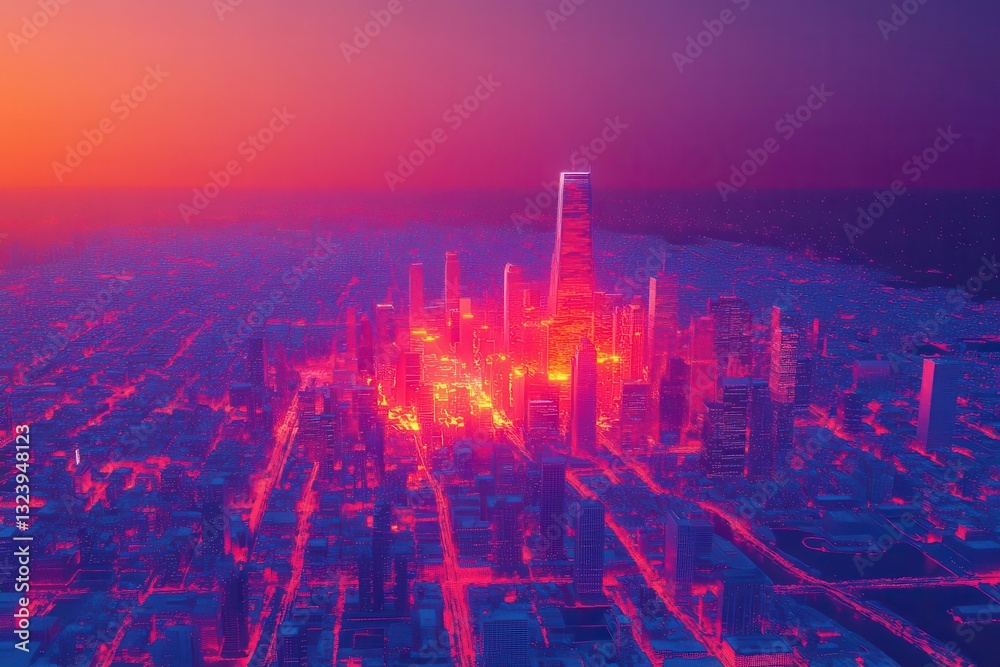 Obraz premium dynamic 3d visualization of city temperature patterns with vibrant gradient from cool blues to hot reds, showing urban heat islands from an isometric perspective against a purple sunset sky