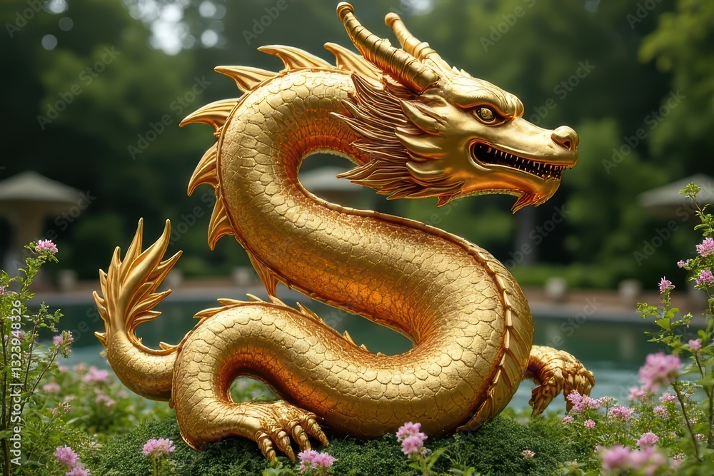 Obraz premium Dragon Sculpture's Radiance Amidst Enchanting Terrain