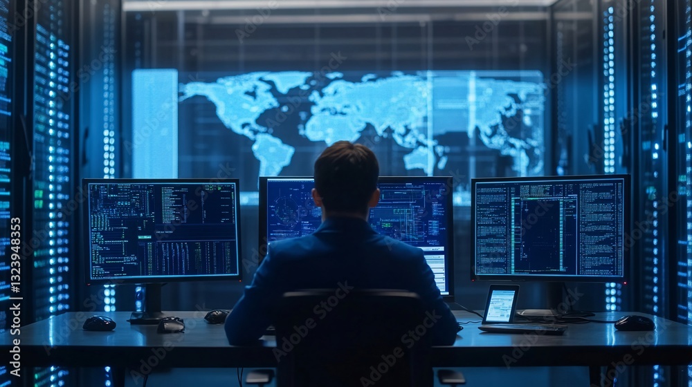Global network monitoring, server room, data center, technician, world map Global network monitoring, server room, data center, technician, world map