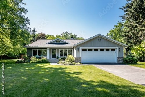 Charming, modern home nestled in a lush, leafy landscape.  Features a light gray exterior, a white garage, and a well-maintained lawn