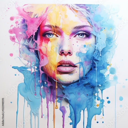A stunning watercolor portrait of a woman, blending realism with abstract splashes of vibrant colors. Expressive brush strokes and fluid drips create an artistic, emotional depth.
