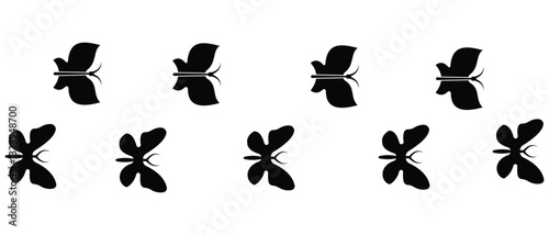 Flying butterfly icon black silhouette vector set. Butterfly icon, symbol of free flying insect in nature.  Fly beauty in wildlife with wings shows fantasy. Vector illustration. 