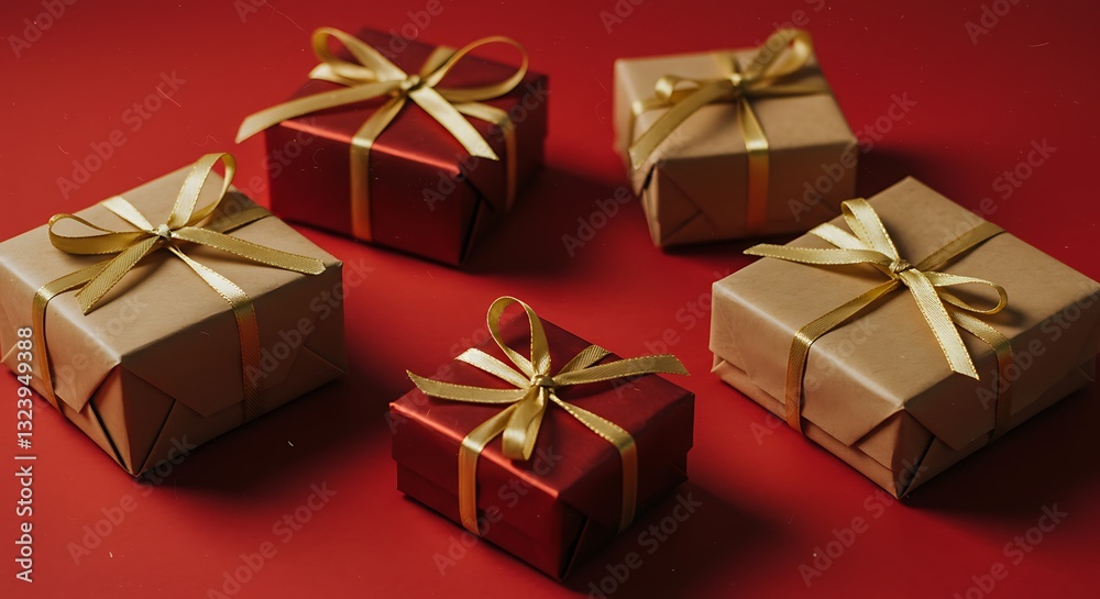 Obraz premium Beautifully wrapped gifts in kraft paper, adorned with red satin ribbons and gold-accented ribbon