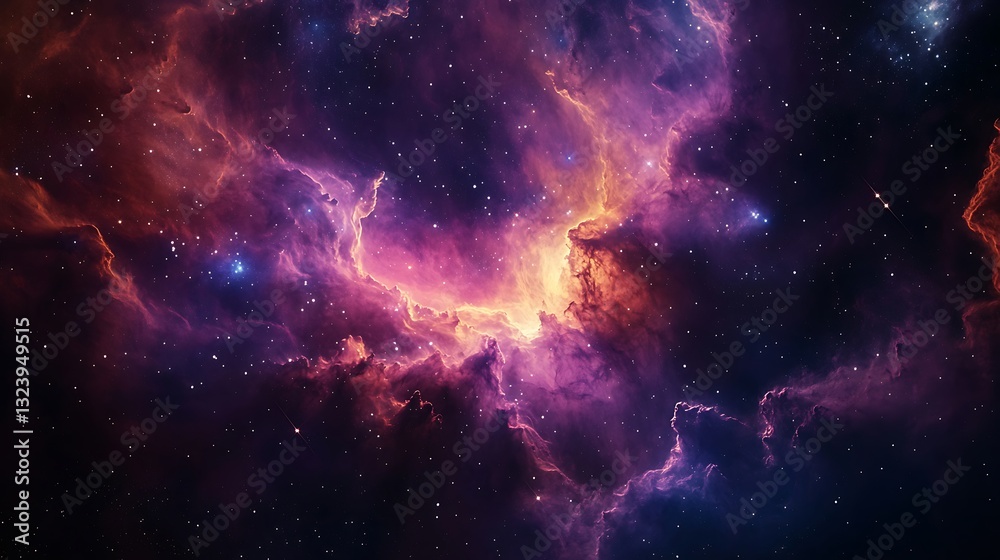 Naklejka premium Stunning Galaxy Nebula with Vibrant Purple and Gold Clouds Sparkling with Countless Stars - High-Resolution Space Image.