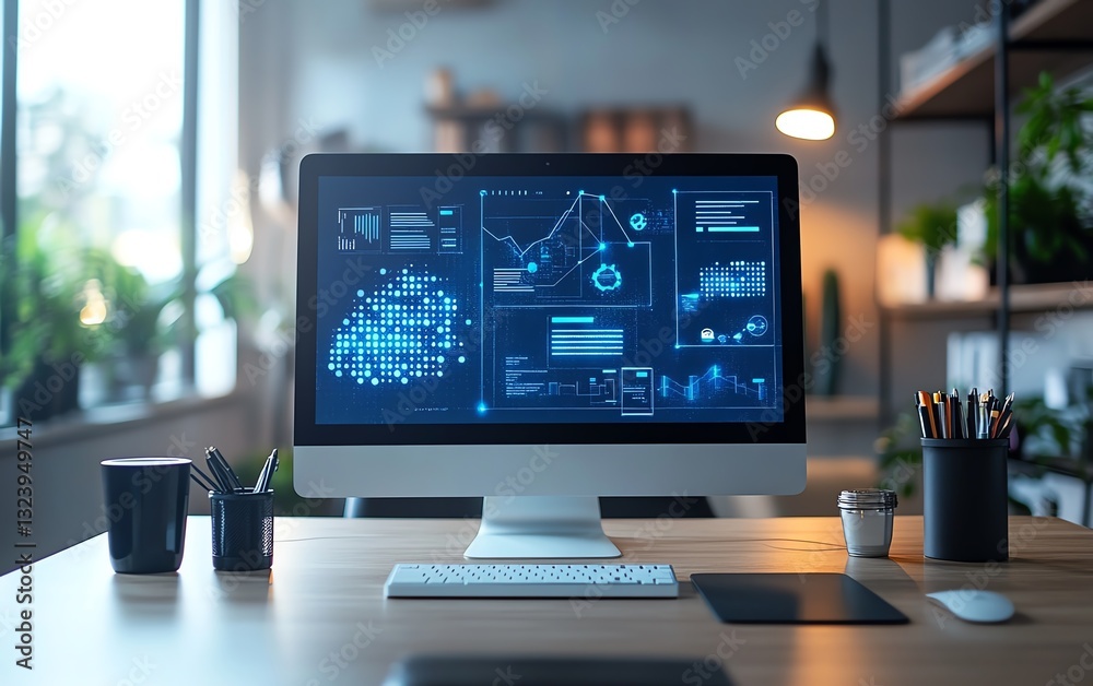 A sleek office desk with a computer displaying digital marketing on the screen, surrounded by AI tools and office items, representing advanced marketing strategies A sleek office desk with a computer displaying digital marketing on the screen, surrounded by AI tools and office items, representing advanced marketing strategies