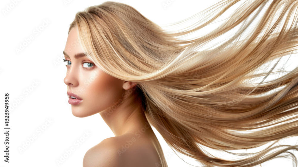 Naklejka premium Beautiful blonde model with flowing hair on transparent background