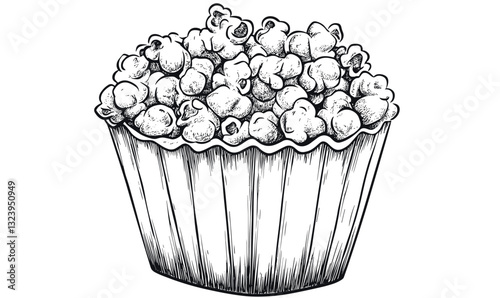 Popcorn bowl in sketch style, monochrome snack icons set, linear vector.