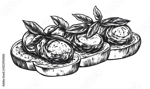 Basil tomato bruschetta on bread vector, linear icons set.