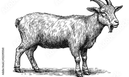 Detailed goat illustration in linear style, farm animal icons set, vector.