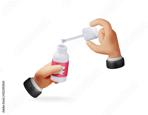 3D Plastic white bottle with stationery corrector in hands isolated. Render correction fluid in container with brush. Tools for education and work. Stationery and office supply. Vector illustration
