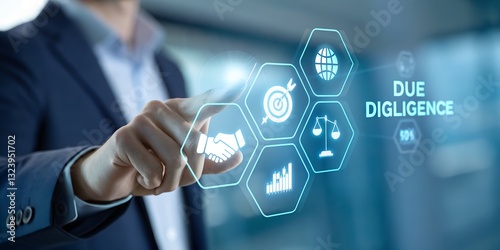 Due diligence concept. Businessman using laptop with due diligence icon on virtual screen. photo