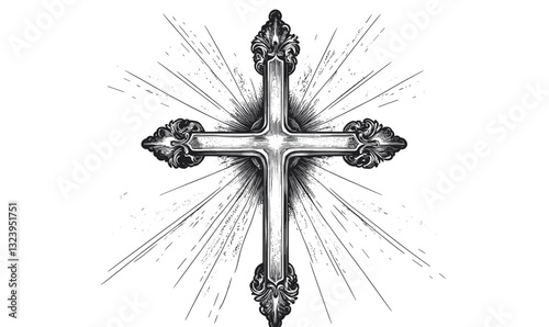 Ornate cross with decorative flourishes and radiant lines vector – flat style icon set.