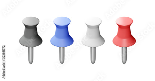 3D set of color push pins isolated on white. Render plastic pushpin, thumbtack. Tools for education and work. Stationery and office supply. Vector illustration
