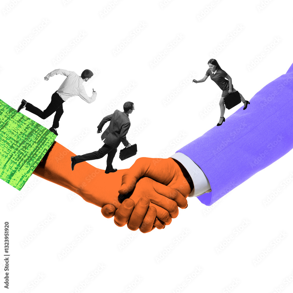 © master1305 - Surreal digital artwork. Corporate handshake transformed into bridge with running employees, symbolizing teamwork, opportunities, progressive deal-making. Concept of business, career, success.