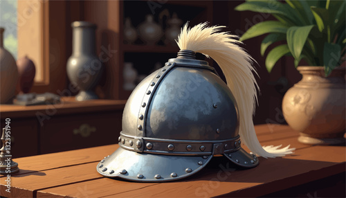 Medieval knight helmet resting on wooden table
