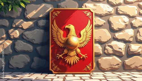 Roman eagle shield against stone wall background