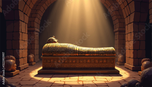 Golden sarcophagus in ancient stone tomb