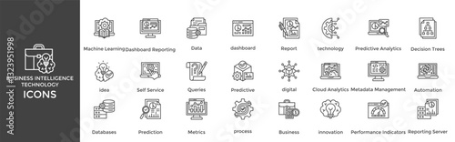 Business intelligence Technology icon set. Containing Machine Learning, Dashboard Reporting, Data, dashboard, Report