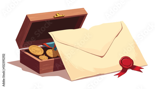 Treasure chest with coins and sealed envelope